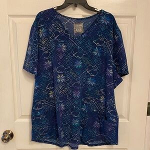 Cherokee Blue Patterned V-Neck Scrub Top 3x